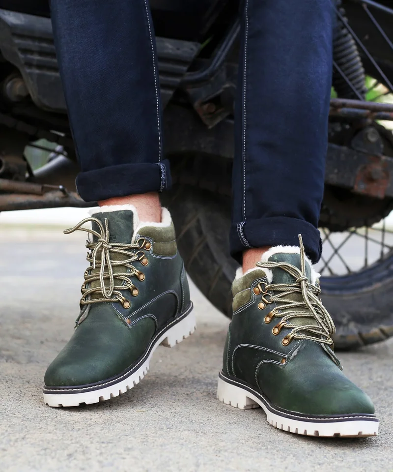 Bacca Bucci Olive Moscow Leather Biker Boots with Fur for Hiking for Men | Best Price UAE